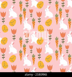 Happy easter bunny and egg pattern with floral and geometric elements. Stock Vector