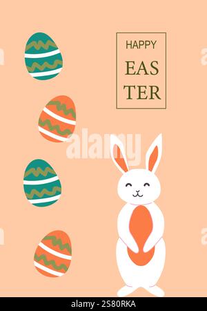 Happy easter with easter eggs and smiling bunny on peach background. Easter abstract modern geometry card. Stock Vector
