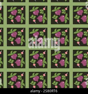 Vibrant radish and beet pattern on green background. Stock Vector