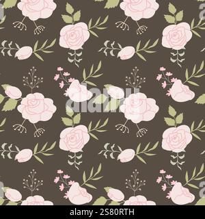 Pastel floral pattern with pink roses and green leaves on brown background. Stock Vector