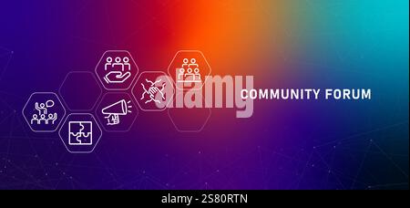 Community forum online group chat gradient header social communication interaction illustration concept of members discuss conversation Stock Vector