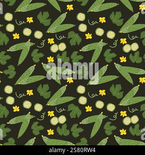 Green cucumber seamless pattern with yellow flowers and leaves. Stock Vector