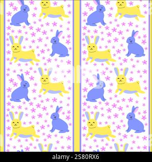 Colorful pattern with blue and yellow bunnies and pink flowers. Stock Vector
