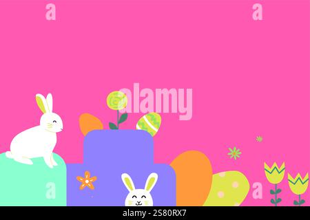 Colorful easter design with cartoon bunnies and eggs on pink background. Stock Vector