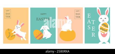 Cute easter bunnies with colorful eggs in pastel designs. Stock Vector