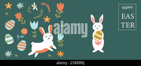 Happy easter celebration with floral geometric design and playful bunnies. Stock Vector