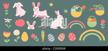 Colorful easter geometry set with rabbits, eggs, and spring floral elements for creative design. Stock Vector