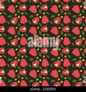 Seamless pattern of red bell peppers and green leaves on black background. Stock Vector