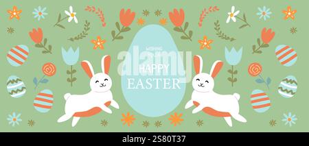 Happy easter design with bunnies, eggs, and flowers on green background. Stock Vector