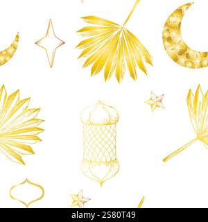 Vector seamless pattern with arabian mosaic, lanterns, stars, gold crescent moon, pampas grass. Graphic illustration isolated on background. Muslim Stock Vector