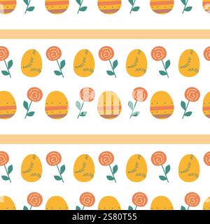 Cheerful easter geometric pattern with eggs and flowers for festive decorations. Stock Vector