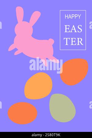 Happy easter card with pink bunny and colorful eggs on purple background. Easter abstract modern geometry card. Stock Vector