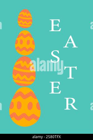 Vertical stack of orange easter eggs with zigzag patterns on teal background. Easter abstract modern geometry card. Stock Vector