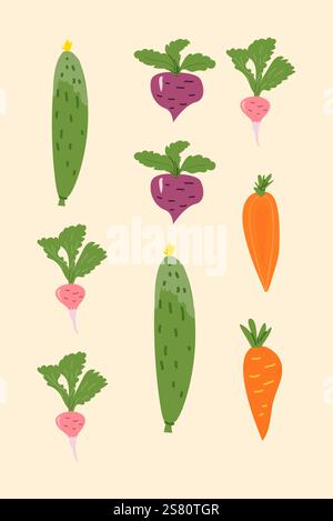 Colorful vegetables pattern with carrots, radishes, cucumbers, and beets on beige background. Stock Vector