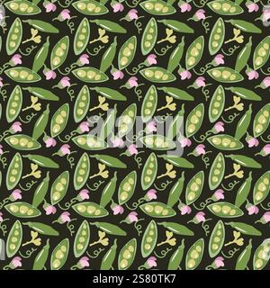 Seamless pattern of green peas and flowers on dark background. Stock Vector