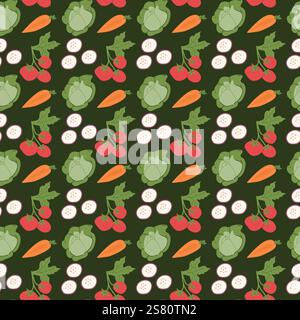 Colorful vegetable pattern with tomatoes, cabbages, carrots, and eggplants on green background. Stock Vector