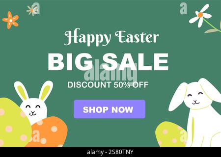 Festive easter sale design with geometric elements and cute bunnies. Stock Vector