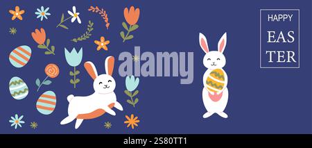 Happy easter celebration with geometric bunny and floral set design. Stock Vector