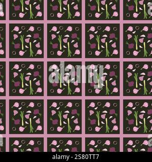 Seamless floral pattern with roses and leaves in pink and purple on black background. Stock Vector