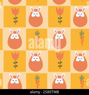 Cute easter pattern with bunnies, carrots, and tulips in a warm color palette. Stock Vector