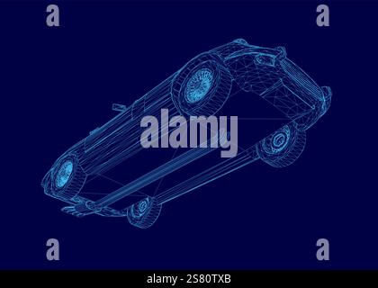 Blue car is shown in a 3D image. The car is upside down and he is in motion. The image has a futuristic and sleek look to it, with the car's design Stock Vector