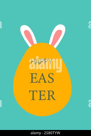Happy easter greeting with yellow egg and pink bunny ears on blue background. Easter abstract modern geometry card. Stock Vector