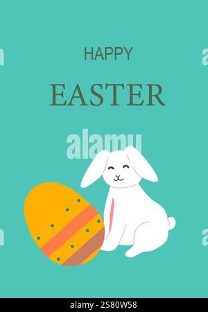 Happy easter card with white bunny and colorful egg on green background. Easter abstract modern geometry card. Stock Vector