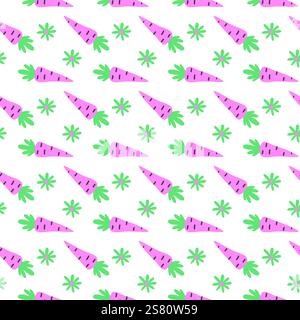 Colorful purple carrot and green star pattern on white background. Stock Vector