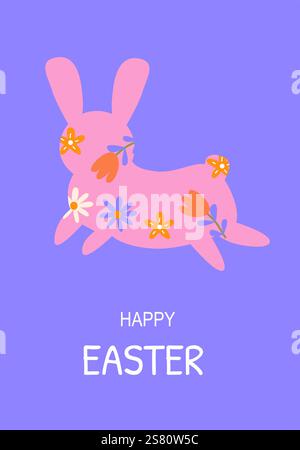 Colorful floral bunny on purple background for easter celebration. Easter card modern design. Stock Vector