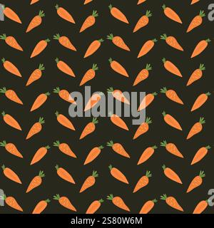 Seamless pattern of orange carrots on dark background. Stock Vector