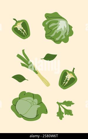 Fresh green vegetables pattern with peppers and lettuce on beige background. Stock Vector