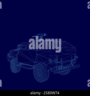 Blue drawing of a military vehicle with a gun on top. The gun is positioned on the top of the truck, and it is a machine gun Stock Vector