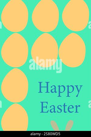 Pastel easter card with golden eggs and bunny ears on turquoise background. Easter card modern design Stock Vector