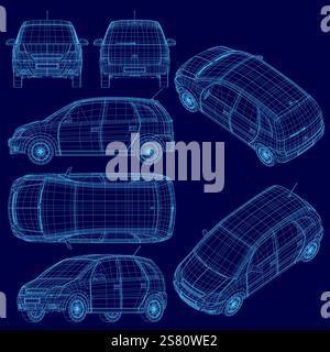 Blue car is shown in different angles. The car is a hatchback and has a small trunk. The car is designed to be compact and easy to park Stock Vector