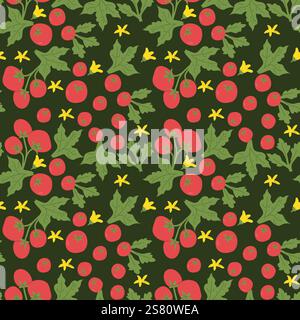 Seamless cherry tomato and arugula leaf pattern with yellow flowers. Stock Vector