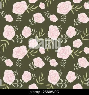Seamless pattern of pink roses with green leaves on olive background. Stock Vector