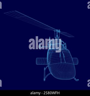 Blue helicopter is shown in a stylized, 3D form. Concept of motion and excitement, as if the helicopter is about to take off or land Stock Vector