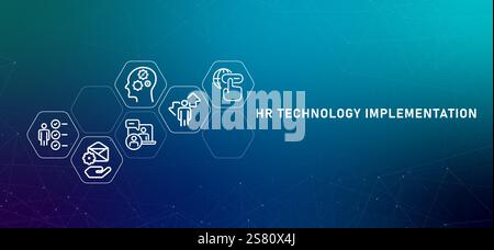 HR Technology Implementation gradient header human resource IT software system integration strategy design concept with icon Stock Vector