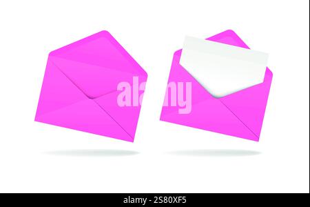 Pink realistic envelope in different positions. Folded and unfolded envelope backpack isolated Stock Vector