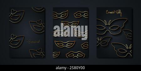 Carnival gold and black posters set, flyer or invitation design. Festive Golden cards. Vector illustration. Elegant luxury tickets with pattern Stock Vector