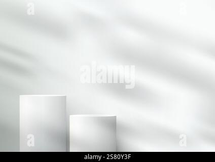 Elegance of a minimal 3D scene featuring two white cylindrical podiums with soft foliage shadows on a clean backdrop, product mockups, displays, and d Stock Vector