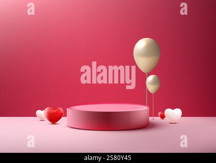 Romantic Valentine's Day 3D display with a pink platform, heart shapes, and golden balloons on a red background. Elegant product showcases or festive Stock Vector