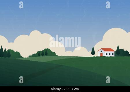 Minimal nature landscape. Geometric contemporary postcard with field, hills and red house, retro countryside horizontal poster, cover, banner, card de Stock Vector