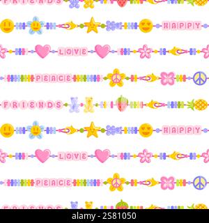 A colorful seamless pattern of DIY jewelry including friendship bracelets. Letter beads. The design features hippie, emoji, gummy bear, and Y2K aesthe Stock Vector