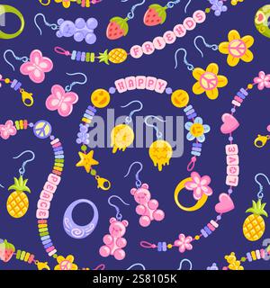 A colorful seamless pattern of DIY jewelry including friendship bracelets, playful plastic earrings, and quirky rings. The design showcases hippie vib Stock Vector