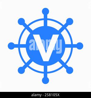 Initial Letter V Sailing Logo Design Vector Template Concept with Steering Ship Symbol Stock Vector