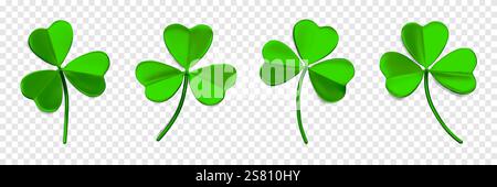 Shamrock leaves 3D. Green Trefoil leaves. 3D icons with shamrock. Symbol of lucky and Irish holiday St. Patrick Day. Decorative elements isolated on a Stock Vector