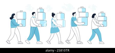 Group of people carrying purchases from sale. Shopping, discounts, retail concept Stock Vector