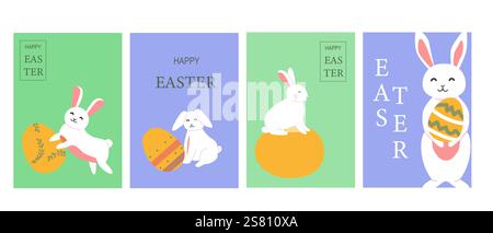 Modern bright cards with Cute easter bunnies and eggs on colorful backgrounds. Stock Vector