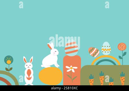 Colorful easter scene with rabbits, eggs, and carrots on pastel background. Stock Vector
